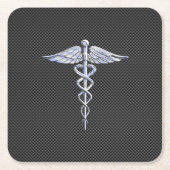 Chrome Caduceus Medical Symbol Black Carbon Fibre Rechteckiger Pappuntersetzer (Vorderseite)