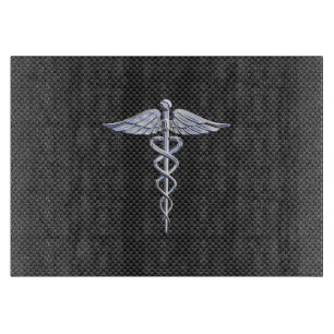 Chrome Caduceus Medical Symbol Black Carbon Fibre Schneidebrett