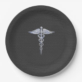 Chrome Caduceus Medical Symbol Carbon Fibre Print Pappteller (Vorderseite)