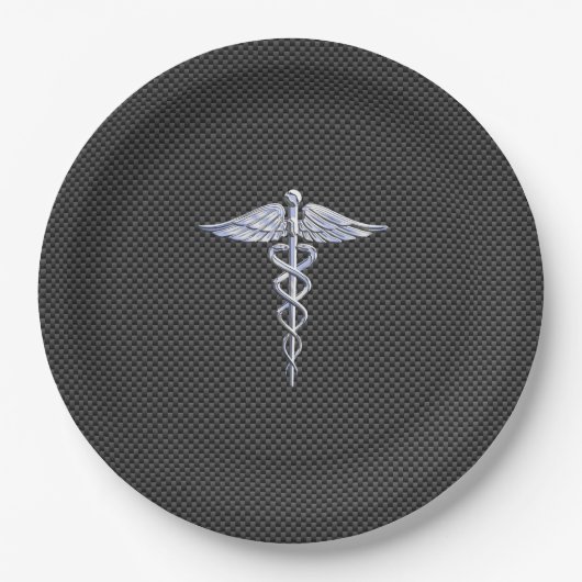 Chrome Caduceus Medical Symbol Carbon Fibre Print Pappteller (Vorderseite)