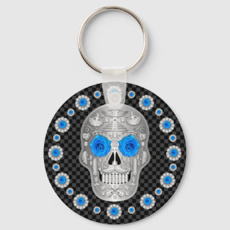 Chrome Calavera (Blaue Rose) Schlüsselanhänger