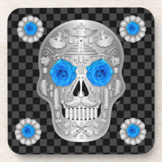 Chrome Calavera (Blue Rose) Getränkuntersetzer Getränkeuntersetzer