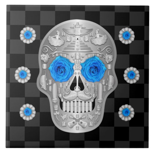 Chrome Calavera (Blue Rose) Keramik Tile Fliese (Vorderseite)