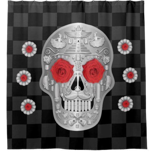 Chrome Calavera (Rote Rose) Duschvorhang (Vorderseite)