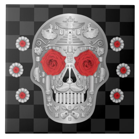Chrome Calavera (Rote Rose) Keramik Tile Fliese (Vorderseite)