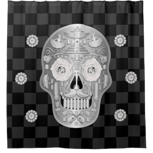 Chrome Calavera (White Rose) Duschvorhang (Vorderseite)