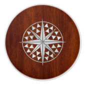 Chrome Compass auf nautischem Mahogany Grain Print Keramikknauf (Vorderseite)