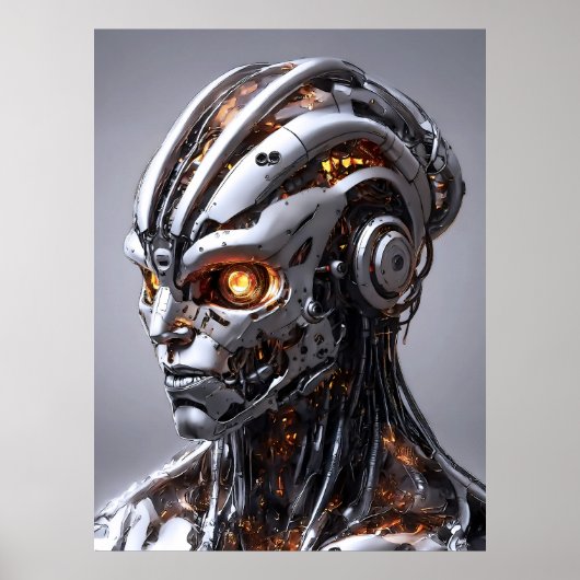 Chrome Cyborg Orange Glow Sci-Fi AI Portrait Poster (Vorne)