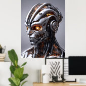 Chrome-Cyborg Orange Glow Sci-Fi-AI-Porträt Poster (Heimbüro)