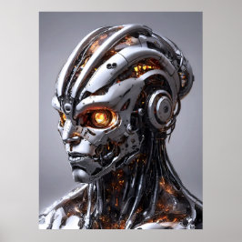 Chrome-Cyborg Orange Glow Sci-Fi-AI-Porträt Poster