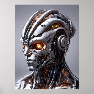 Chrome-Cyborg Orange Glow Sci-Fi-AI-Porträt Poster