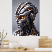 Chrome-Cyborg Orange Glow Sci-Fi-AI-Porträt Poster (Küche)