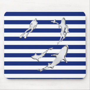 Chrome Diver and Sharks Silhouettes on Stripes Mousepad