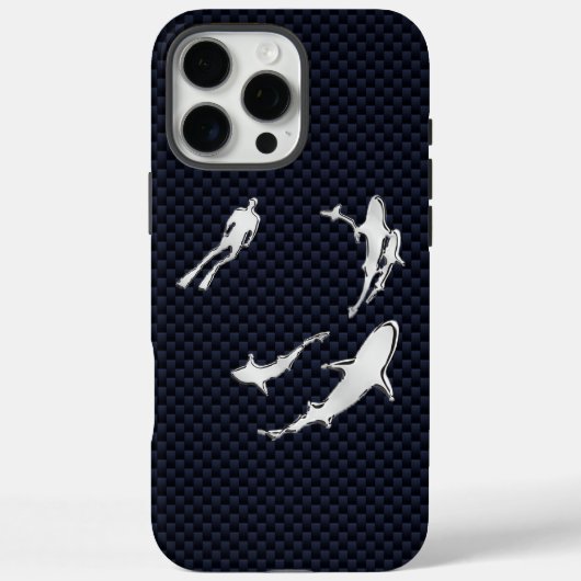Chrome Diver mit Haien auf Kohlenstofffaser Case-Mate iPhone Hülle (Rückseite)