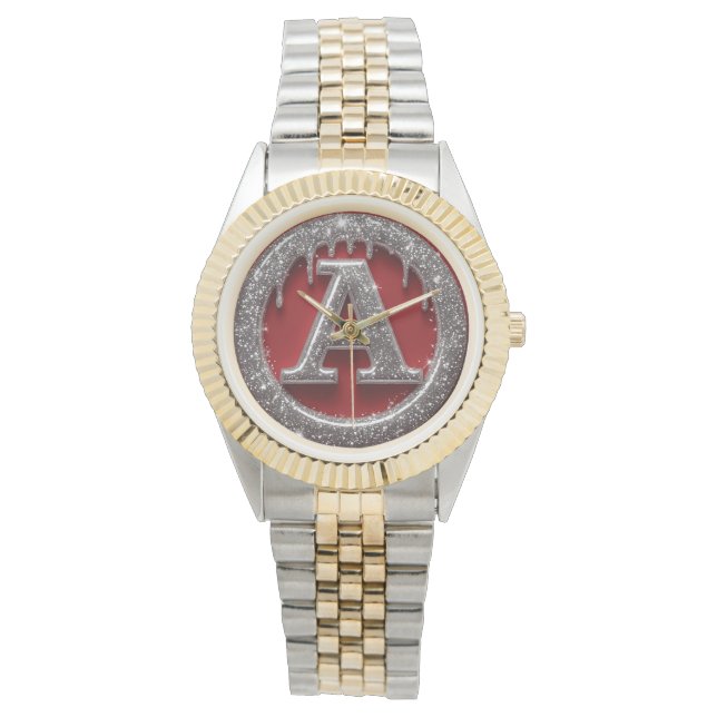 Chrome Drip Letter A Monogram Glitter Icon Armbanduhr (Vorderseite)