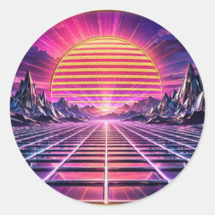 Chrome Horizon — Retro Synthwave-Sonnenuntergang Runder Aufkleber