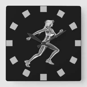 Chrome Lady Runner Wall Clock Quadratische Wanduhr