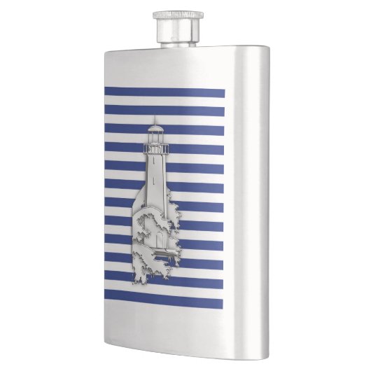 Chrome Leuchtturm auf Navy Stripes Print Flachmann (Links)