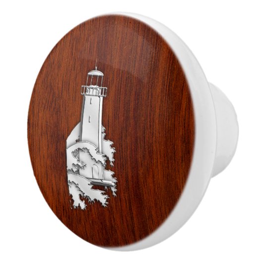 Chrome Lighthouse auf Mahogany Grain Print Keramikknauf (Rechts)