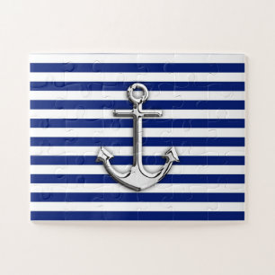 Chrome like Anchor auf Navy Blue Stripes Decke Puzzle