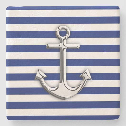 Chrome like Anchor auf Navy Stripes Decke Steinuntersetzer (Vorderseite)