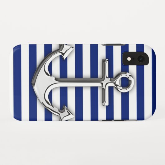 Chrome like Anchor Graphic on Navy Stripes Case-Mate iPhone Hülle (Rückseite (Horizontal))