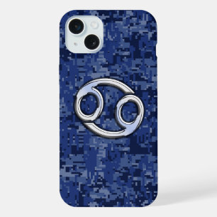 Chrome like Cancer Sign auf Blue Digital Camouflag iPhone 15 Plus Hülle