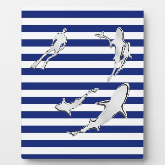 Chrome like Diver and Sharks on Nautical Stripes Fotoplatte (Vorderseite)
