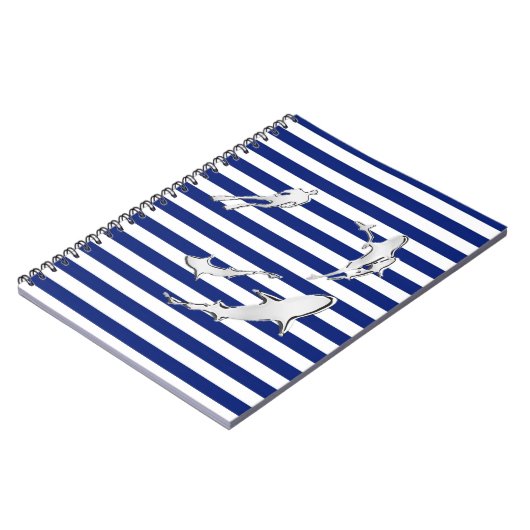 Chrome like Diver and Sharks on Nautical Stripes Notizblock (Linke Seite)