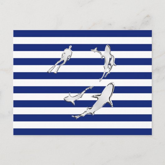Chrome like Diver and Sharks on Nautical Stripes Postkarte (Vorderseite)