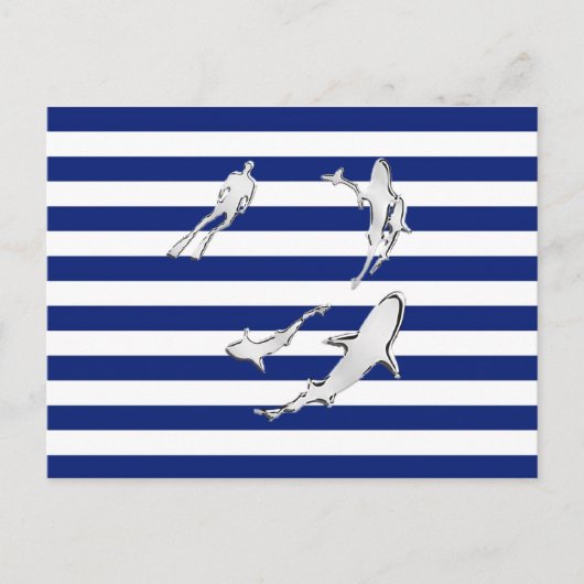 Chrome like Diver and Sharks on Nautical Stripes Postkarte (Vorderseite)
