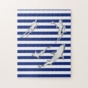 Chrome like Diver and Sharks on Nautical Stripes Puzzle