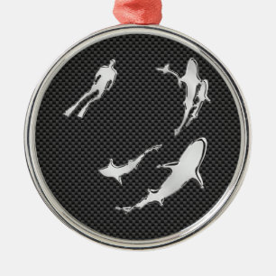 Chrome like Diver with Sharks on Carbon Fibre Ornament Aus Metall