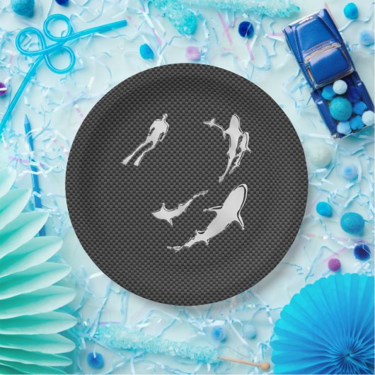 Chrome like Diver with Sharks on Carbon Fibre Pappteller (Party)