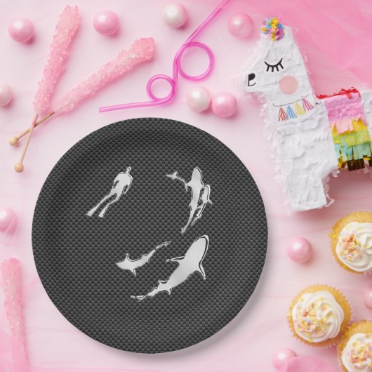 Chrome like Diver with Sharks on Carbon Fibre Pappteller (Party)