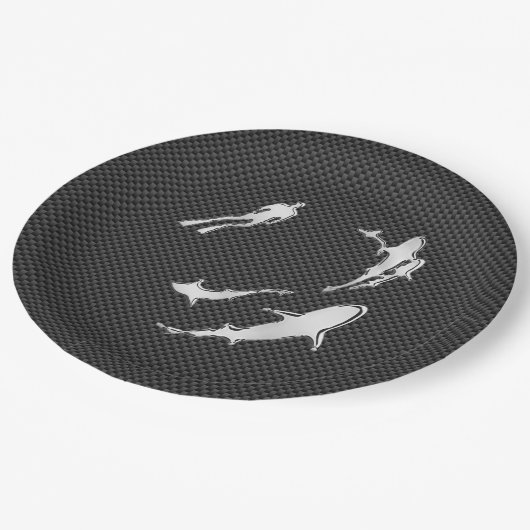 Chrome like Diver with Sharks on Carbon Fibre Pappteller (Schrägansicht)