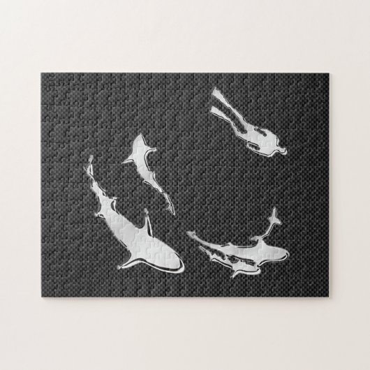 Chrome like Diver with Sharks on Carbon Fibre Puzzle (Horizontal)