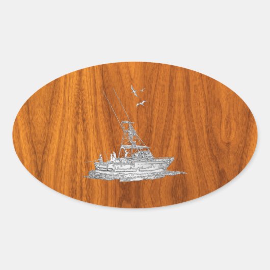 Chrome like Fishing Boat on Teak Wood Ovaler Aufkleber (Vorderseite)