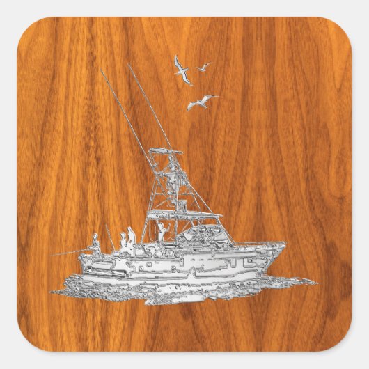 Chrome like Fishing Boat on Teak Wood Quadratischer Aufkleber (Vorderseite)