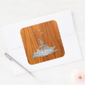 Chrome like Fishing Boat on Teak Wood Quadratischer Aufkleber (Umschlag)