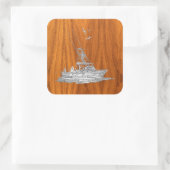 Chrome like Fishing Boat on Teak Wood Quadratischer Aufkleber (Tasche)