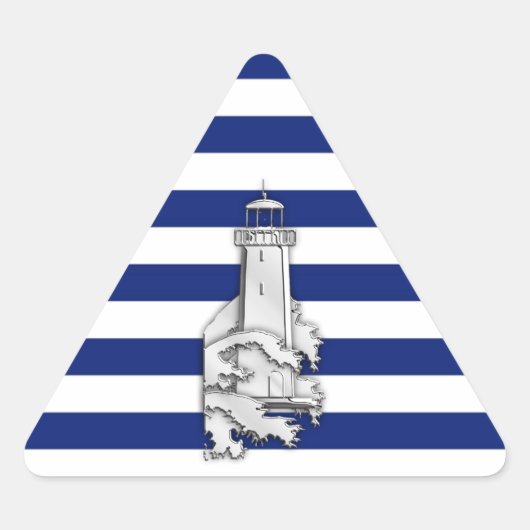 Chrome Like Lighthouse on Nautical Stripes Dreieckiger Aufkleber (Vorderseite)