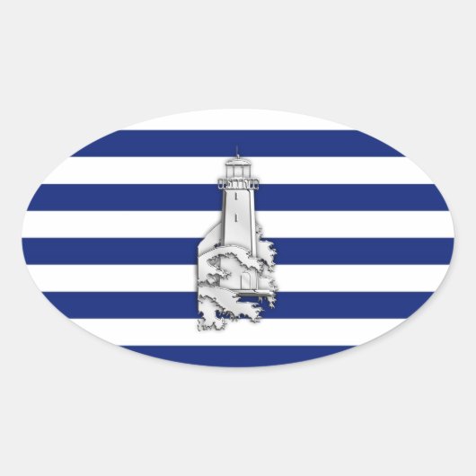 Chrome Like Lighthouse on Nautical Stripes Ovaler Aufkleber (Vorderseite)