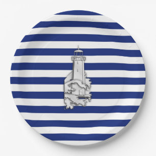 Chrome Like Lighthouse on Nautical Stripes Pappteller