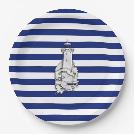 Chrome Like Lighthouse on Nautical Stripes Pappteller (Vorderseite)