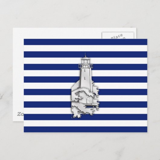 Chrome Like Lighthouse on Nautical Stripes Postkarte (Vorne/Hinten)