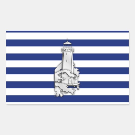 Chrome Like Lighthouse on Nautical Stripes Rechteckiger Aufkleber (Vorderseite)