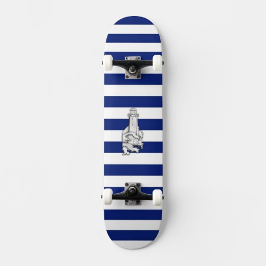 Chrome Like Lighthouse on Nautical Stripes Skateboard (Vorderseite)