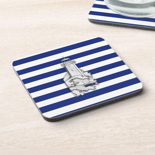Chrome Like Lighthouse on Nautical Stripes Untersetzer (Linke Seite)
