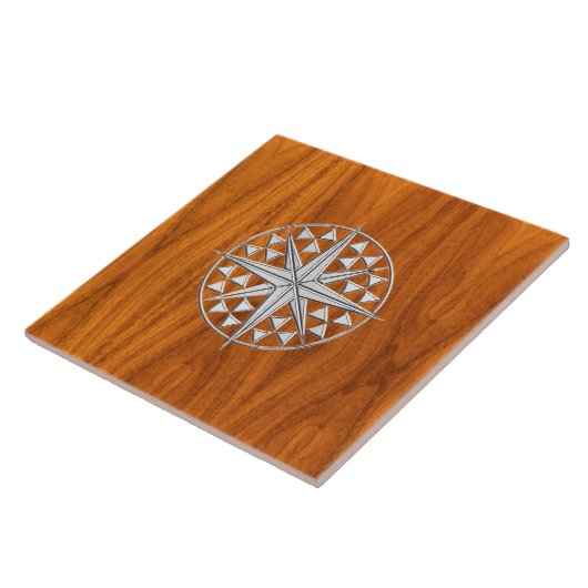 Chrome Like Nautical Compass Star on Teak Veneer Fliese (Seite)